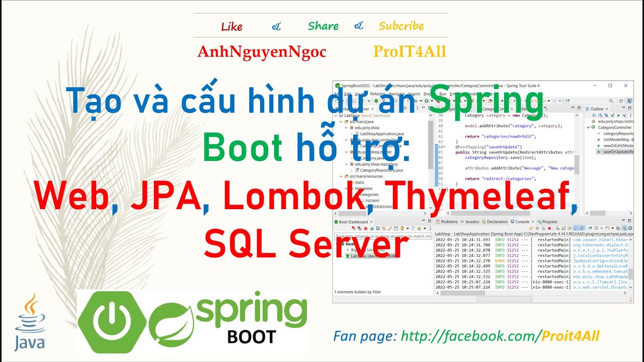 #1 Lab5.1. Tạo và cấu hình dự án Spring Boot hỗ trợ Web, JPA, Lombok, Thymeleaf và SQL Server Mới Nhất