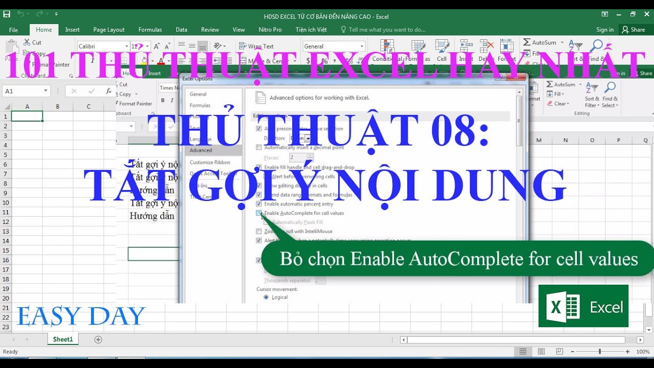 #1 THỦ THUẬT 08:  Tắt gợi ý nội dung trong excel Mới Nhất