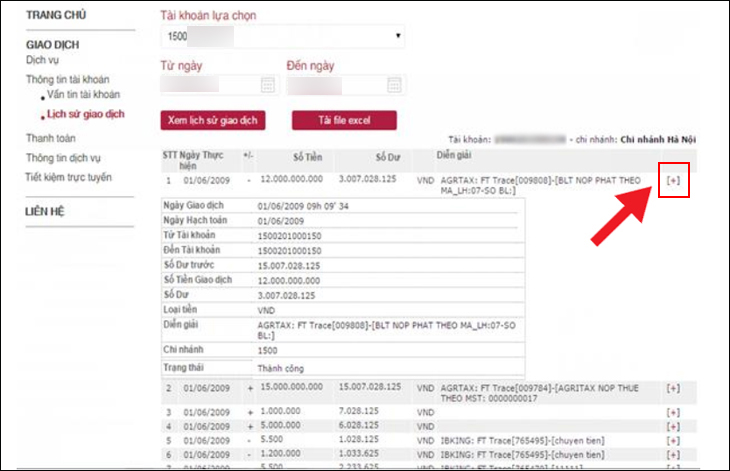 Nhấp vào biểu tượng + để đến danh sách chi tiết giao dịch