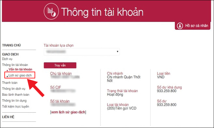 Trong phần Thông tin tài khoản, chọn Lịch sử giao dịch