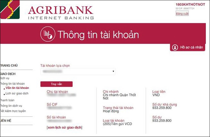 Thông tin trên bảng sao kê của Agribank