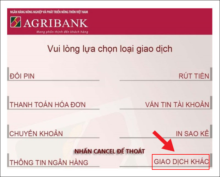 Từ màn hình lựa chọn giao dịch của ATM, hãy chọn Giao dịch khác