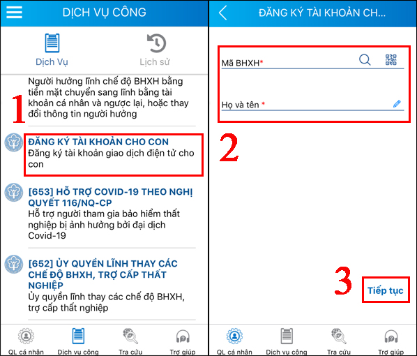 Bước 2: Bấm ĐĂNG KÝ TÀI KHOẢN CHO TRẺ, nhập thông tin của trẻ gồm số An sinh xã hội và họ tên, sau đó bấm Tiếp theo.