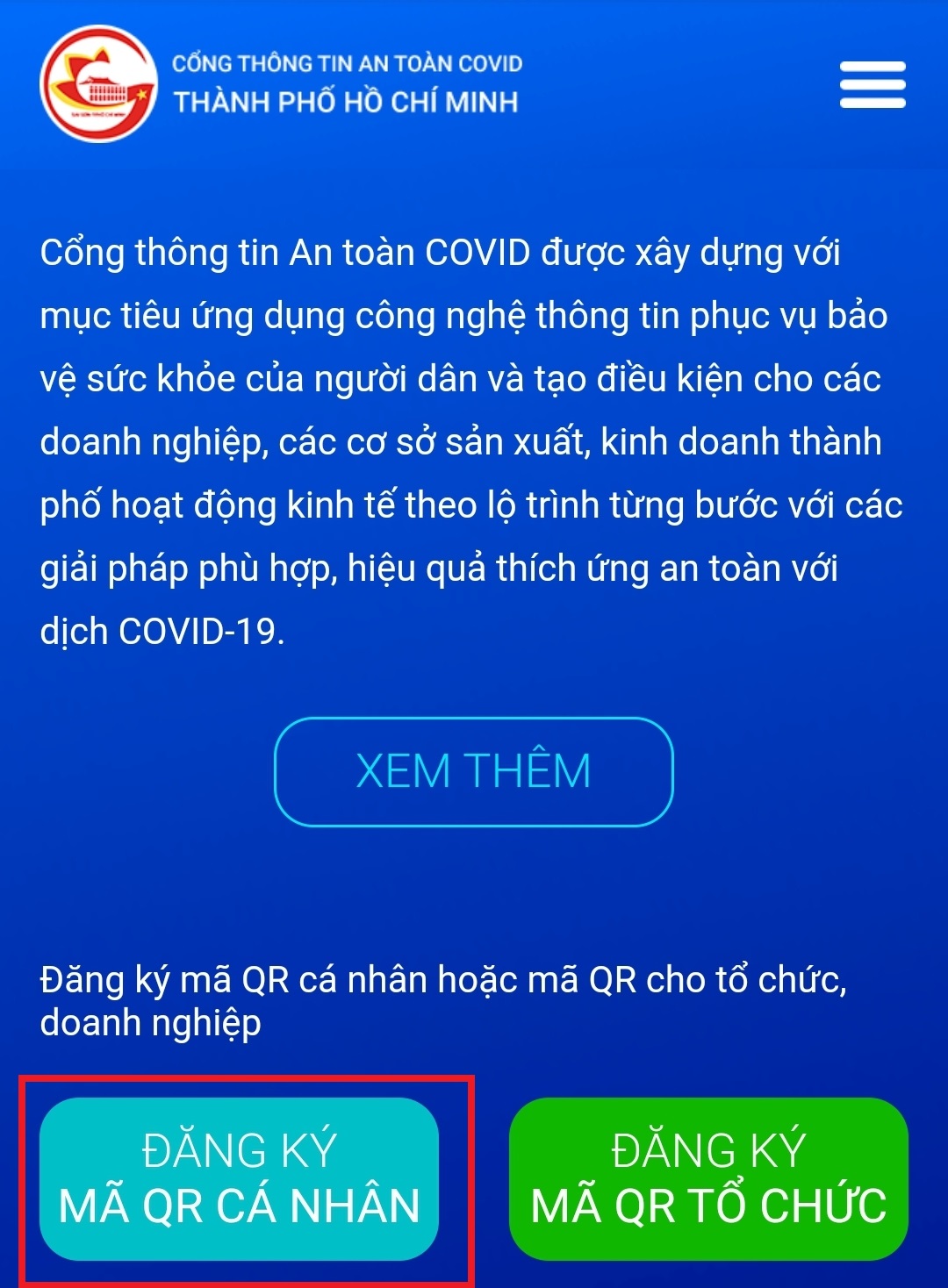 Chọn Đăng ký Mã QR Cá nhân.