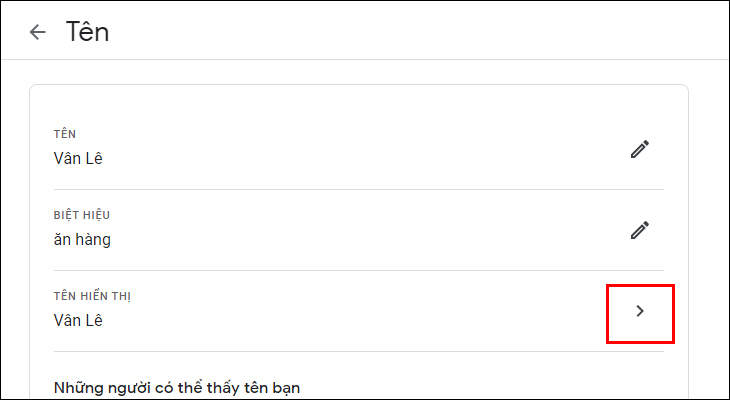Nhấp vào Tên hiển thị.