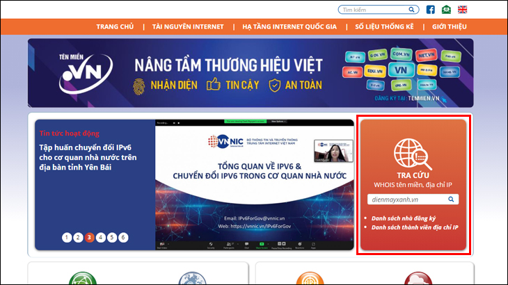 Tìm kiếm tên miền trên website vnnic.vn