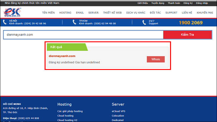 Kết quả tìm kiếm tên miền trên website esc.vn