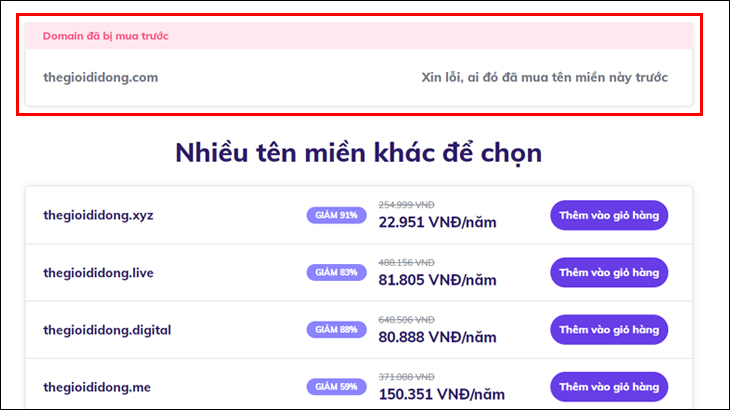 Kết quả tìm kiếm tên miền trên website hoster.vn