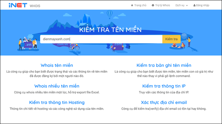 Tìm kiếm tên miền trên trang web Whois.inet.vn