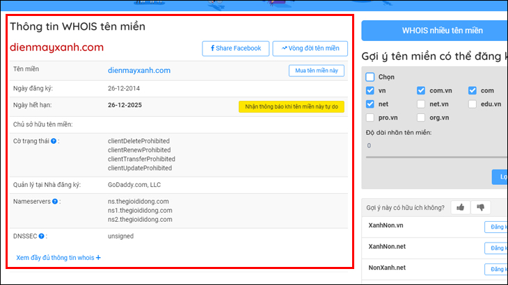 Kết quả tìm kiếm tên miền trên website Whois.inet.vn