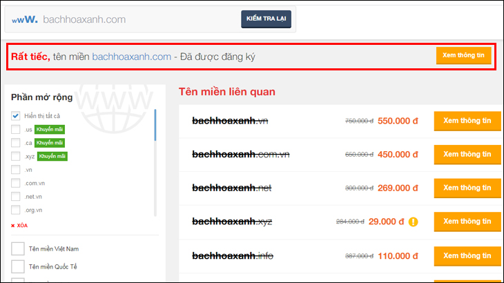 Kết quả tìm kiếm tên miền trên website fastoa.com