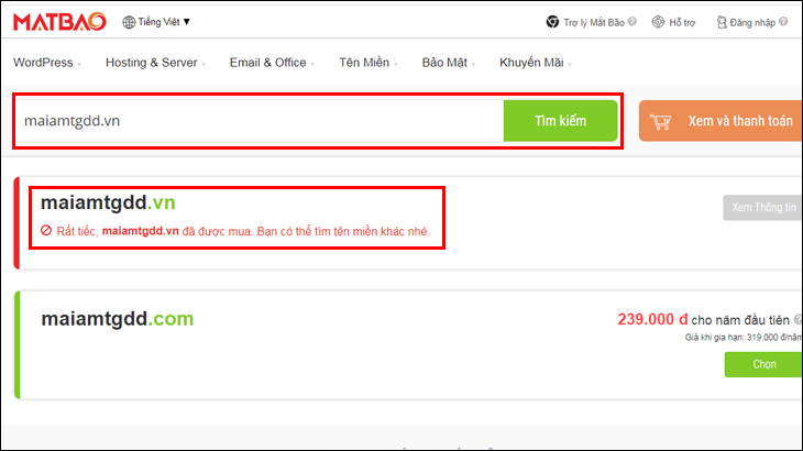 Tìm kiếm tên miền trên trang web matbao.net