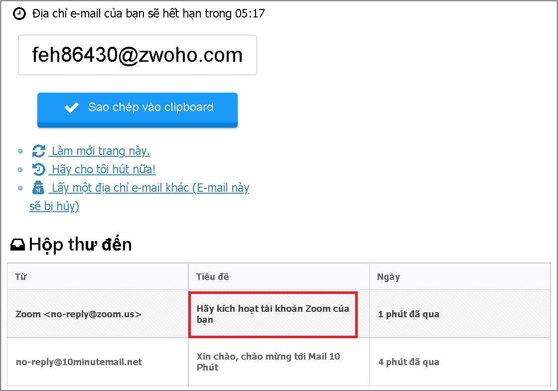 Chọn email mà phần mềm Zoom vừa gửi.