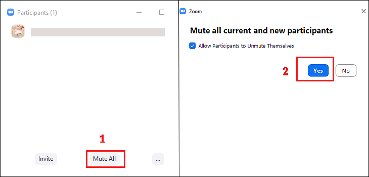Sau đó nhấp vào Tắt tiếng tất cả và nhấn Có để tắt tiếng tất cả người tham gia