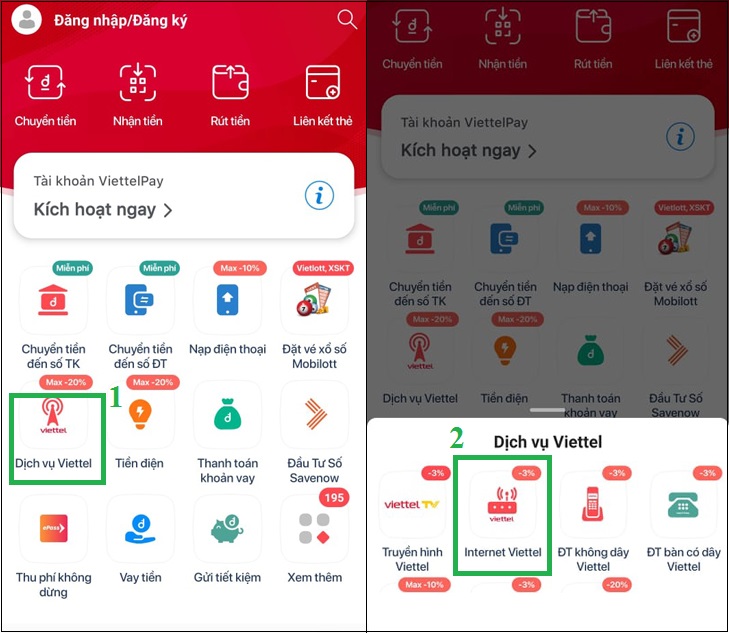 Thanh toán Internet Viettel bằng Viettel Pay