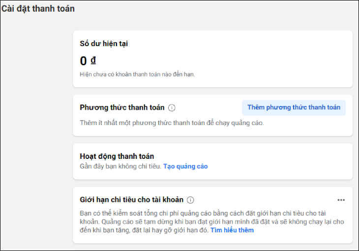 Chuyển đến cài đặt thanh toán của bạn cho quảng cáo Facebook