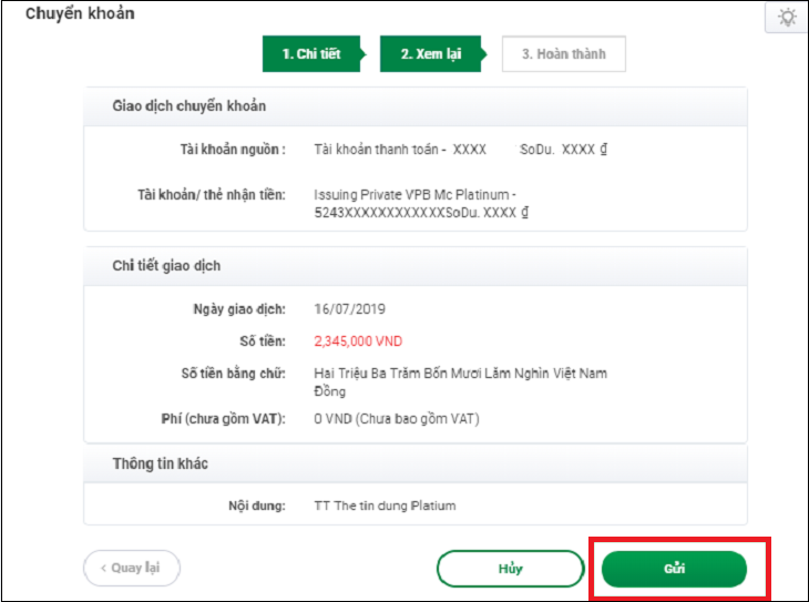 Xem lại khoản thanh toán bạn vừa tạo.  Sau đó nhấn Gửi