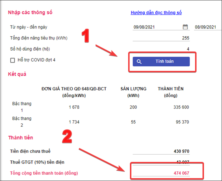 Bạn đã hoàn thành các mục cần thiết.  Sau đó bấm Tính toán để xem kết quả.