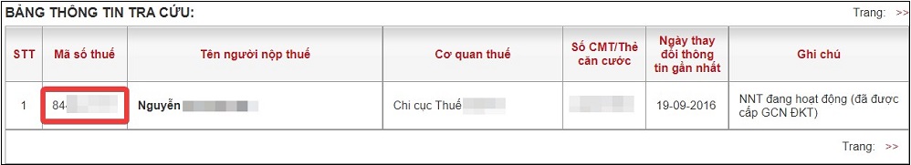 Tiếp tục bấm vào phần Tên người nộp thuế hoặc Mã số thuế để xem thông tin chi tiết