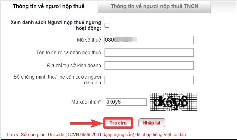 Nhập từng thông tin Mã số thuế và Mã xác minh, sau đó nhấp vào Tra cứu