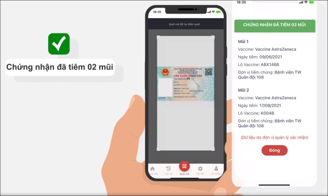 Khi bạn đã tiêm 1 liều hoặc tiêm xong 2 liều sẽ xuất hiện thông báo: Giấy chứng nhận đã tiêm 1 hoặc 2 mũi.