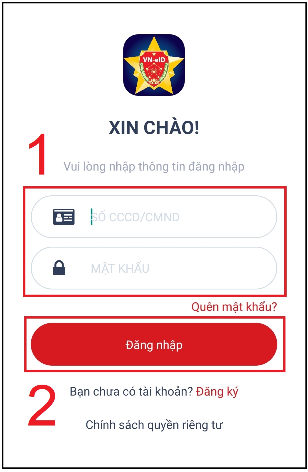 Nhập số CCCD / CCMD và mật khẩu để đăng nhập.