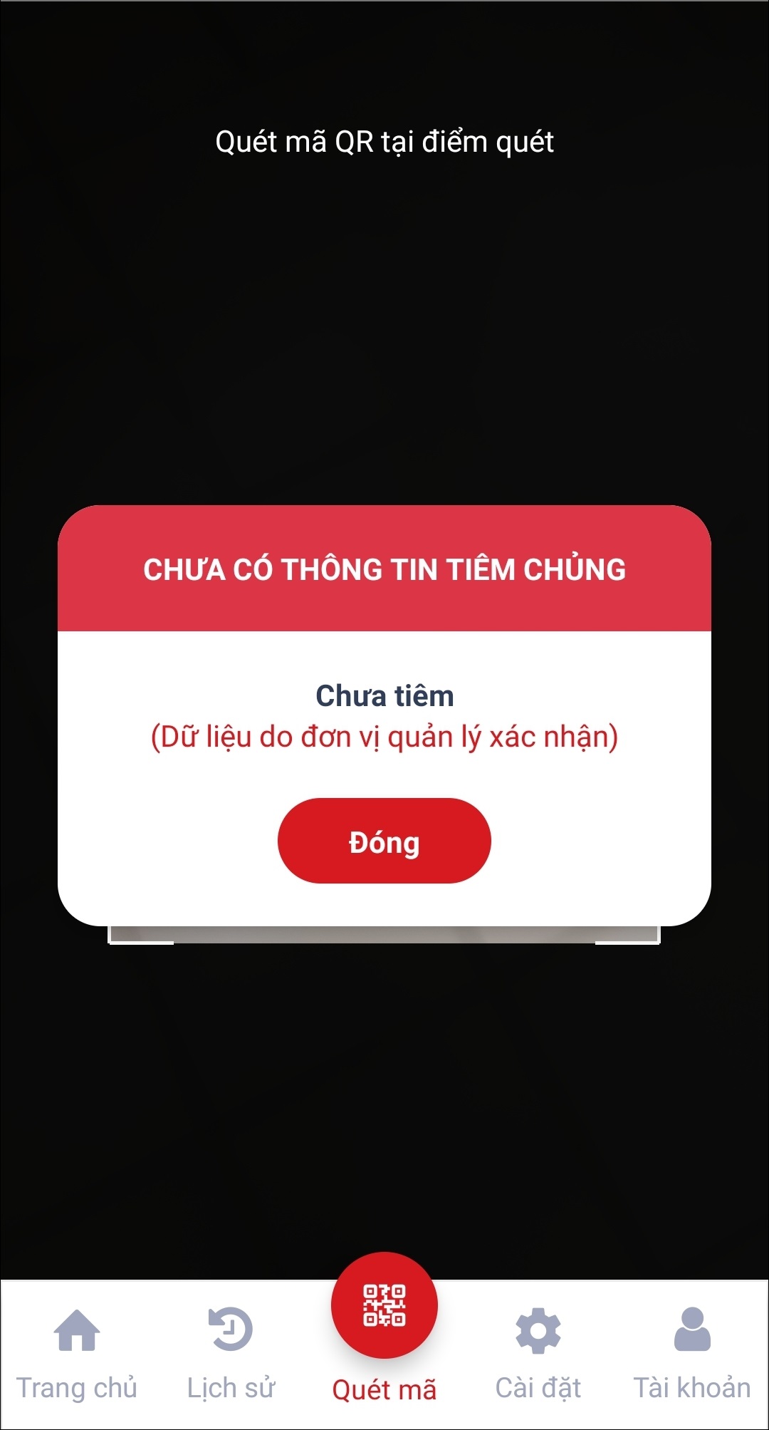 Nếu bạn chưa tiêm vắc xin COVID-19, hệ thống hiển thị thông báo: Chưa tiêm (số liệu do đơn vị hành chính xác nhận).