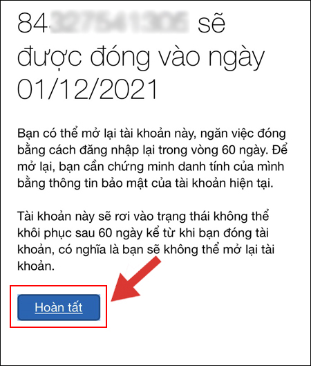 Bấm Hoàn tất để khóa tài khoản thành công