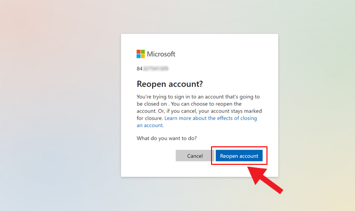 Để mở lại tài khoản của bạn, hãy đăng nhập vào tài khoản Microsoft của bạn