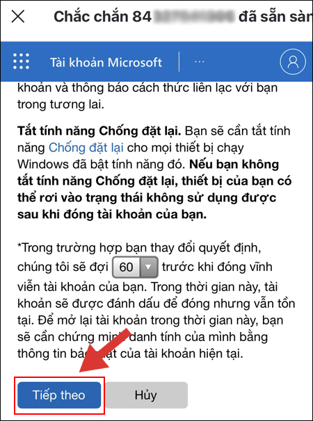 Màn hình hiển thị thông tin về việc khóa tài khoản, chọn Tiếp theo