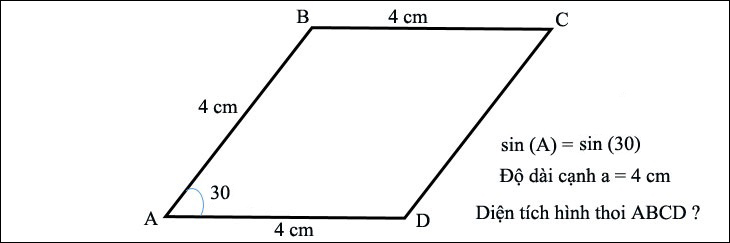 Tìm diện tích hình thoi ABCD với độ dài các cạnh và các góc