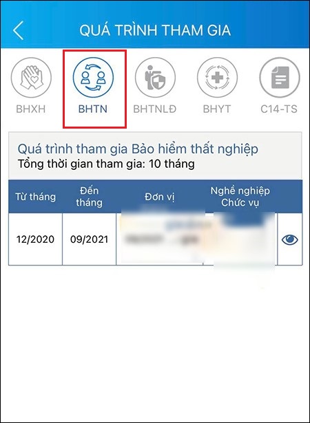 Chọn “BHTN” để xem quá trình đóng BHTN