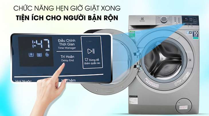 Máy giặt Electrolux Inverter 9kg EWF9024ADSA được tích hợp chức năng hẹn giờ giặt giúp người dùng cài đặt thời gian giặt tiết kiệm thời gian.