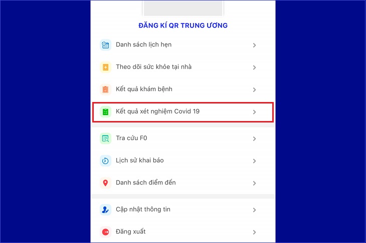 Chọn Kết quả kiểm tra COVID-19 để xem kết quả