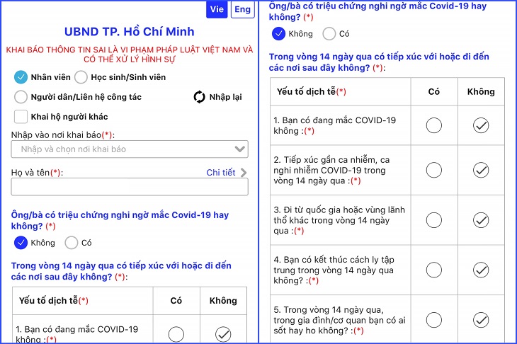 Nhập thông tin cá nhân của bạn và bao gồm các dấu hiệu sức khỏe của bạn trong vòng 14 ngày qua