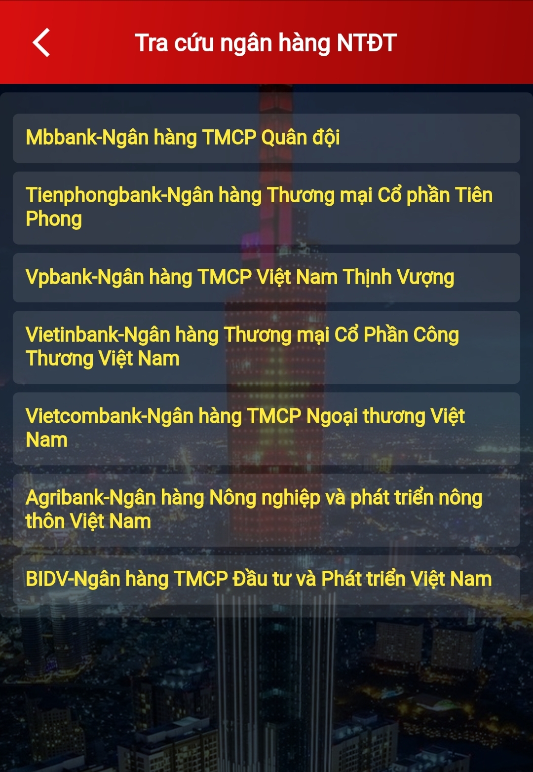 Danh sách các ngân hàng nộp thuế điện tử được hiển thị ngay lập tức.