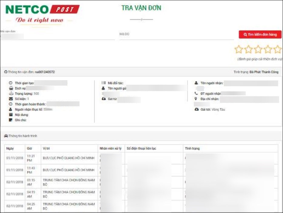 Thông tin vận đơn NETCO