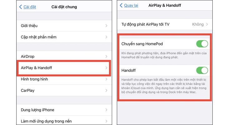 Chọn AirPlay & Handoff, sau đó bật Handoff và phát tới HomePod