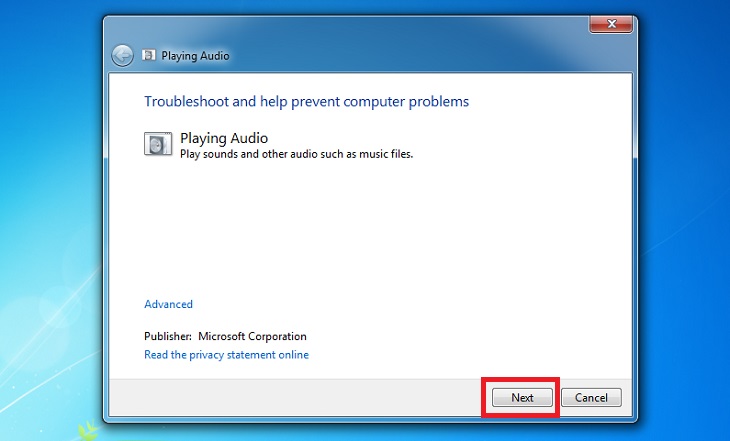 Nhấp vào nút Tiếp theo để sửa chữa và giải quyết sự cố âm thanh.