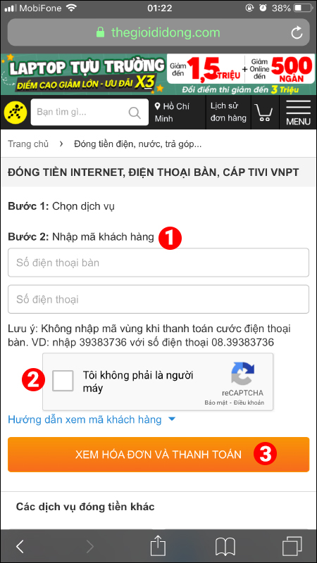 Thanh toán cước Internet VNPT bằng Thế giới di động / Điện máy Xanh