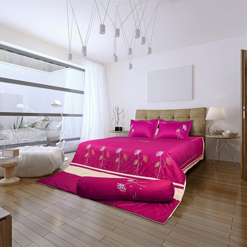 Tông màu hồng ấm áp giúp không gian phòng ngủ bừng sáng