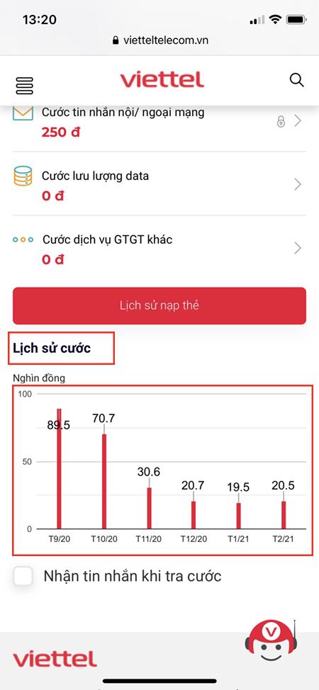 Xem lịch sử cước của Viettel trên website
