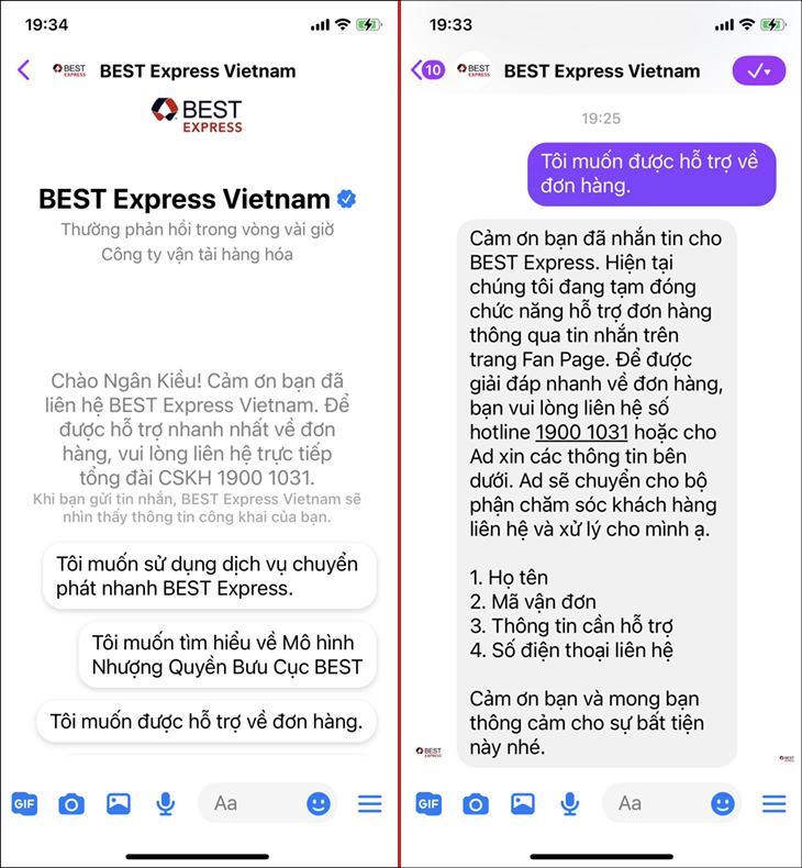 Nhắn tin cho Fanpage Facebook BEST Express