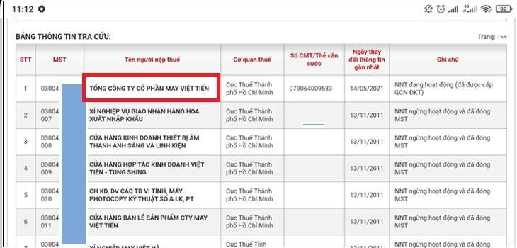 Bước 3: Kết quả trả về có thông tin cơ bản về công ty 