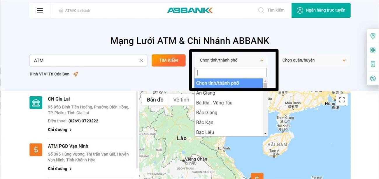 Hệ thống chi nhánh, phòng giao dịch, ATM của ABBANK