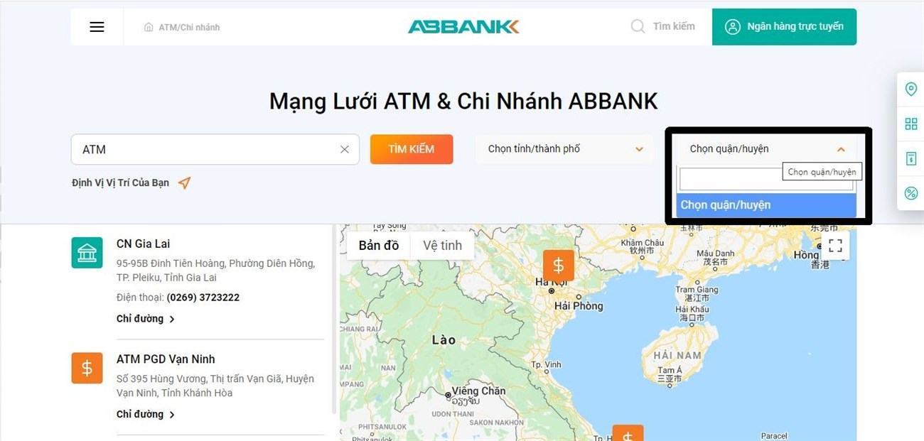 Hệ thống chi nhánh, phòng giao dịch, ATM của ABBANK