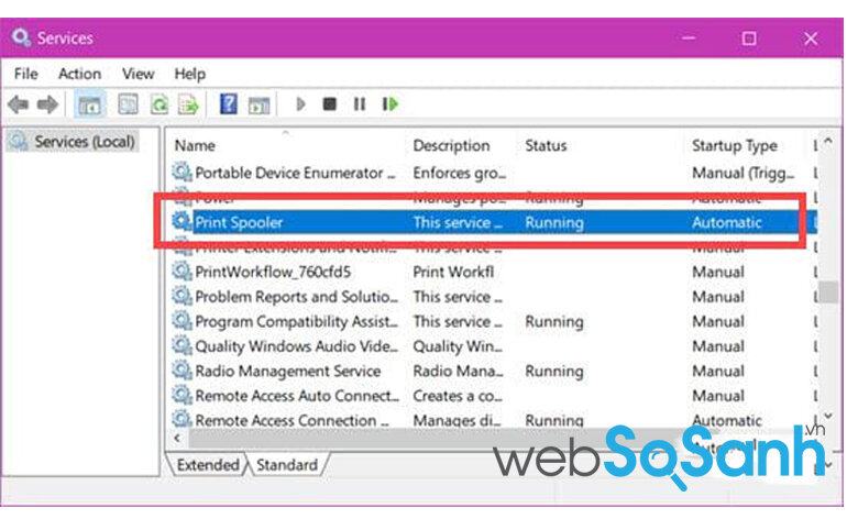 Tại đây bạn kéo xuống tìm phần có tên Print Spooler, đây là quy trình liên quan đến máy in của chúng ta.