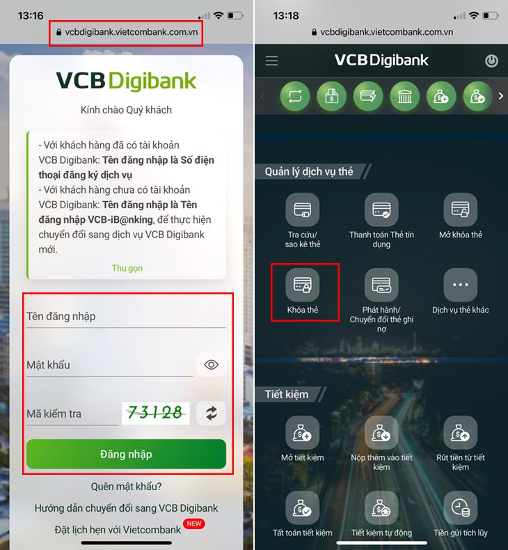 Cách khóa thẻ trên website VCB Digibank