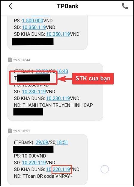 Kiểm tra tài khoản TPBank qua SMS