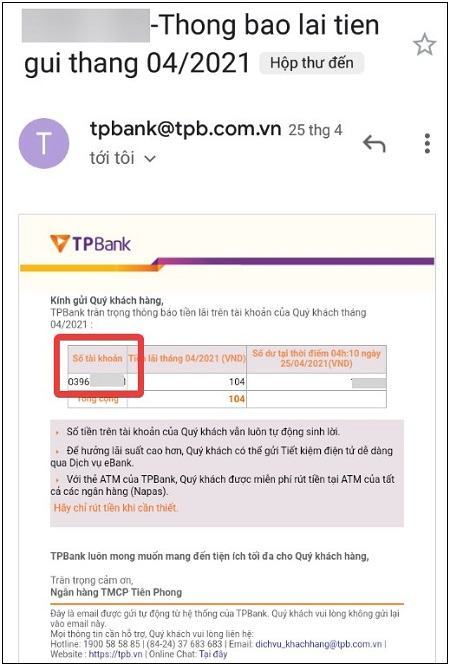 Tra cứu TPBank STK qua email